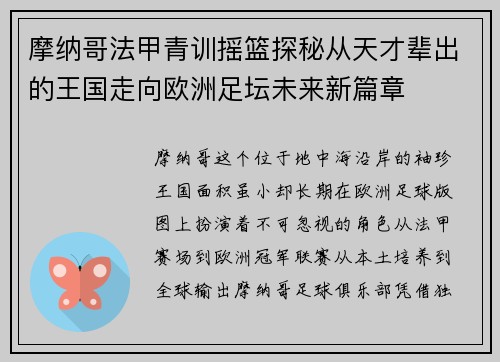 摩纳哥法甲青训摇篮探秘从天才辈出的王国走向欧洲足坛未来新篇章